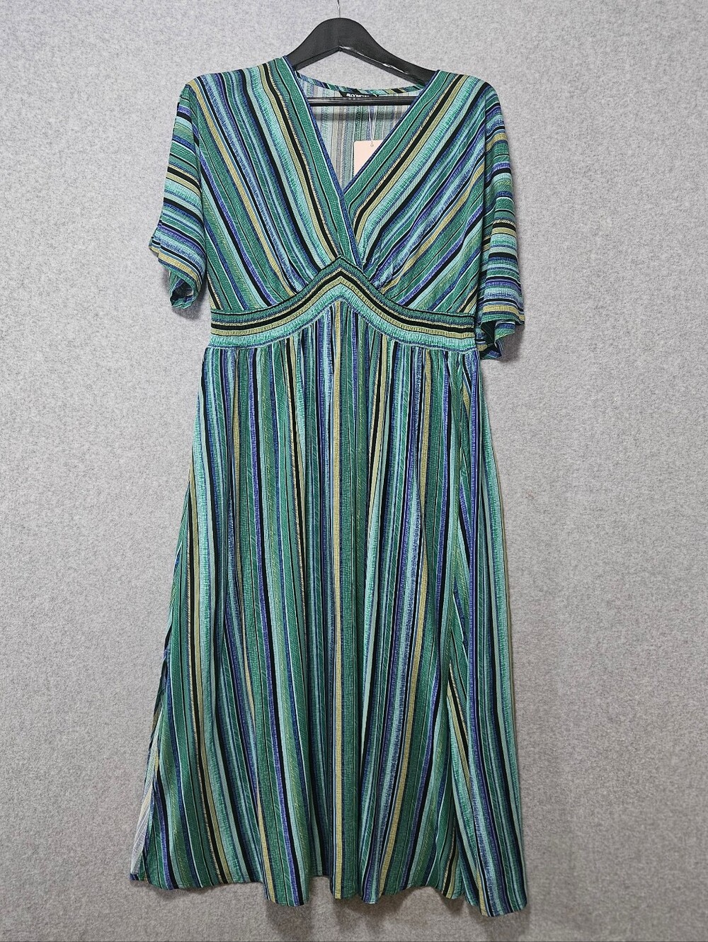 BloomChic Green & Blue Striped V-Neck Maxi Dress Sz 14/16 Summer Beachy Boho